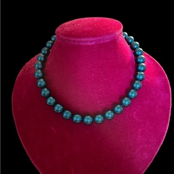 Marbella Blue Faux Pearl Necklace Single Strand - Picture 3 of 5